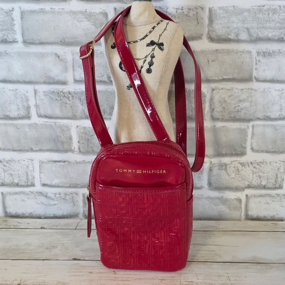 Tommy Hilfiger Red Shiny Mini Crossbody Adjustable Preppy Classic Phone Bag